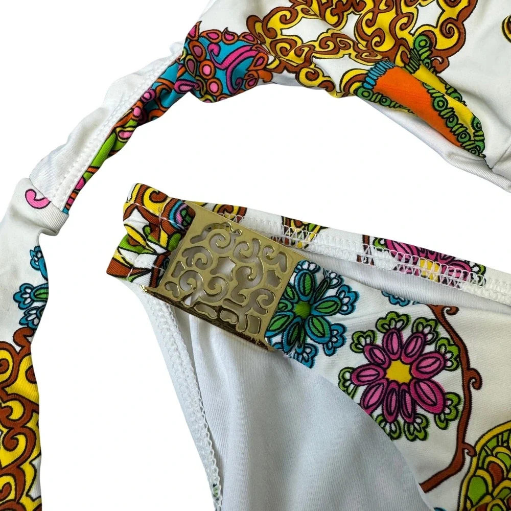 Trina Turk Floral Paisley Bikini Set Gold Filigree Hardware Halter Two Piece